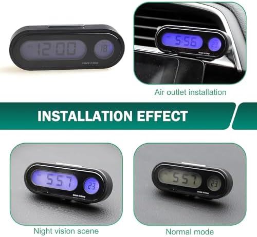 Car Clock, 2 in 1 Night-Lighting LED Screen with Temperature Display, Adjustable Angle Dashboard Clock with Fixed Base, Self-Adhesive Switchable 12/24-hour Timing Device (Black)