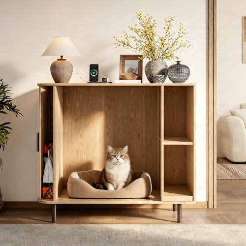 Cat Litter Box Enclosure, 31.8" Kitty Hidden Litter Box Furniture with Scratch Pad, Modern Indoor Cat House, Sliding Door, Adjustable Shelf for Dog Proof, Natural