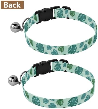 Tropical Leaf Green Blue Decorative Pet Collar with Bell 2 Pack Pet Collar Adjustable Length 10.6" to 17.1"