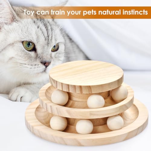 Cat Ball Track Toy, Double-Layer Tower cat Toy Roller, Interactive Wooden cat Toy - no Card Ball, Anti Slip, no Assembly Required, Ideal Choice for Physical and Mental Exercise of Kittens