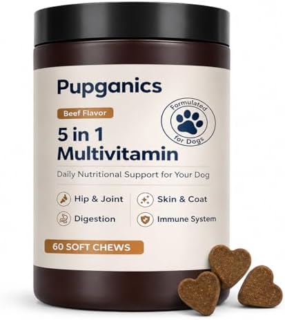 Pupganics Multivitamin Daily Soft Chews for Dogs,Pupganics 5 in 1 Multivitamin,with Chondroitin & Natural Vitamins,for Hip & Joint, Heart Health, Skin & Coat, Digestion & Immune Support, 60 Chews.