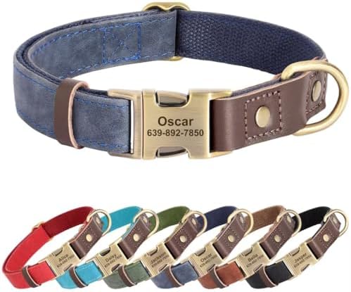 Personalized PU Leather Dog Collars, Quick Release Buckle, Blue,L