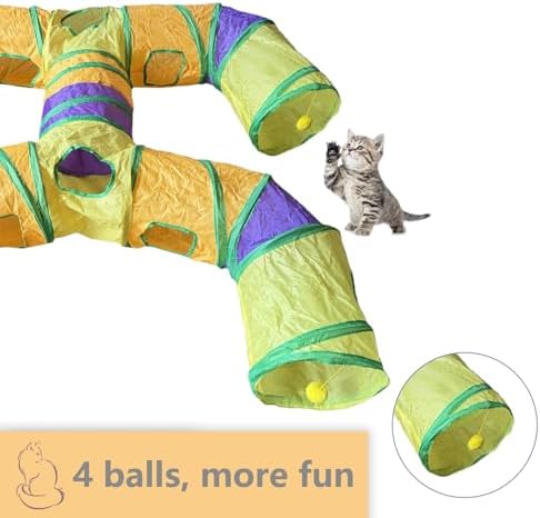 Foldable H-Shaped Cat Tunnel Toy with Interactive Playing Balls - 4 Exits for Cats, Kittens, Rabbits & Small Pets Collapsible Play Tube for Indoor Fun & Exercise (Colorful)