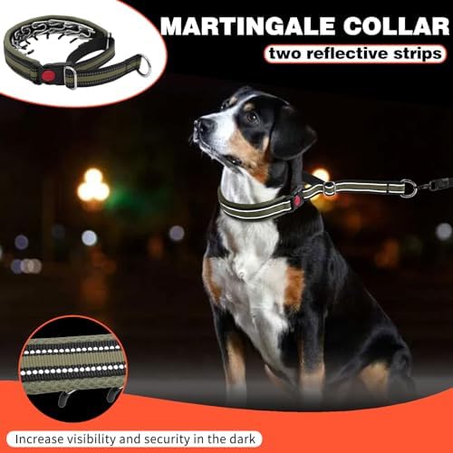 Martingale No Pull Dog Collar for Large Medium Small Dogs, Heavy Duty Nylon Adjustable Reflective Anti Pull Slip Collar with Buckle for Training Walking Hunting S Army Green
