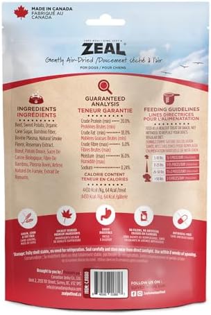 ZEAL Natural Beef Jerky Tenders for Dogs, 100% Real Canadian Beef, High Protein 24%, Soft Training Treats, Air-Dried, Grain Free, Made in Canada, 10oz