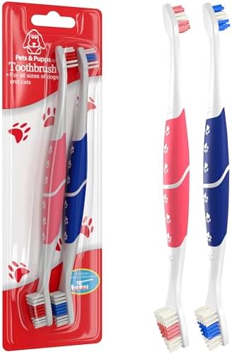 Pet Toothbrush for Dogs, Cats with Soft Bristles - Easy Teeth Cleaning & Dental Care, Non Slip Dual Head Dog Toothbrush for Medium & Large Pets, Toothpaste Not Included, Pack of 2 Pink & Blue