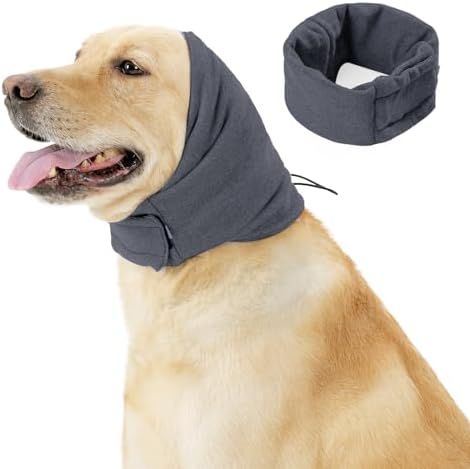 Meifsou Quiet Ears for Dogs - Adjustable Ear Covers for Noise, No Shake Dog Head Wrap, Dog Calming Hood for Thunder, Lightning, Fireworks, Vet Visits, Polyester and Stretch Cotton Blend, Grey L