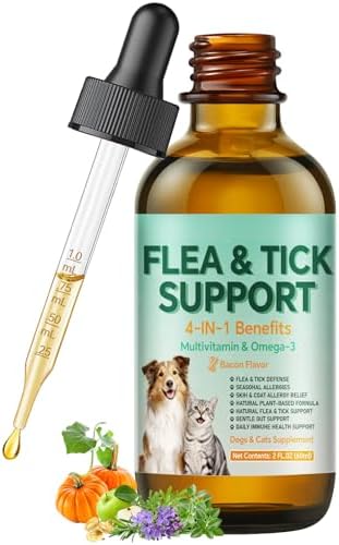 Flea and Tick Support for Dogs & Cats Drops - Flea and Tick Drops Supplement with Multivitamins & Omega-3, Skin & Coat Support for Dogs & Cats, All Breeds & Sizes - 60ml