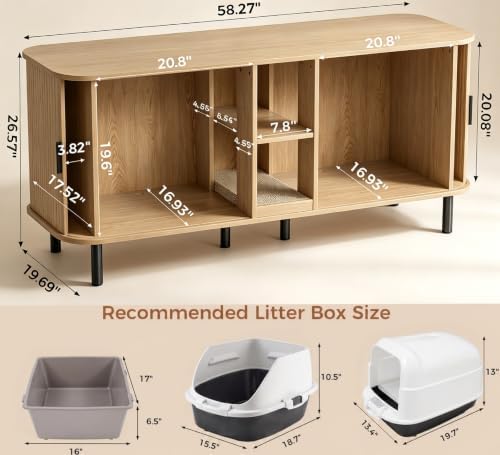 58" Double Cat Litter Box Enclosure, Large Hidden Litter Box Furniture for 2 Cats with Cat Scratch Pad, Wooden Modern Indoor Cat House with Double Room, TV Stand, Side Table, Natural