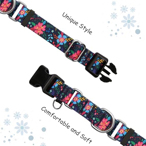 Slip Collar for Dogs Martingale Collar with Buckle Floral Adjustable Soft Nylon Dog Collars (Blue Pink Flower, Large)