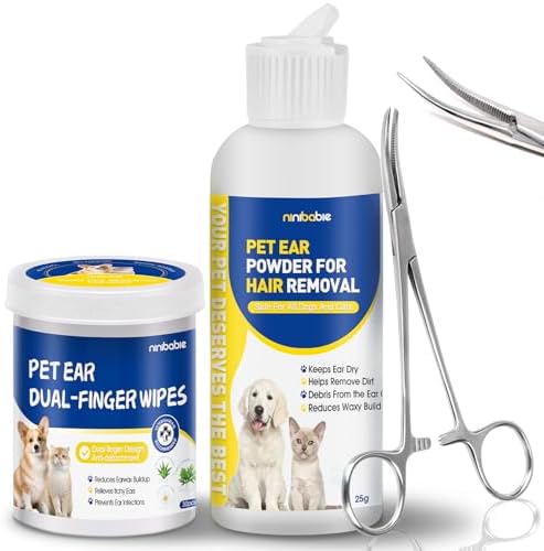 Dog Ear Hair Removal Kit with Ear Powder, Finger Wipes & Forceps