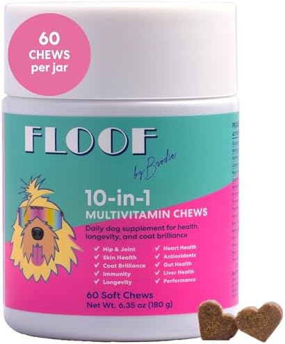 Floof by Brodie 10-in-1 Multivitamin Supplement: Dog and Puppy Vitamin with Joint Health Support MSM and Glucosamine HCL, Heart Health Coenzyme Q10, Probiotics, Collagen, Biotin - 60 Chews (6.35 oz)