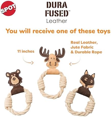 SPOT Dura-Fused Leather Animal Rings - Rope Dog Toy, Made with Real Leather and Jute Fabric, Durable Rope Ring is Great for Tugging and Chewing - 11in, Assorted Styles, 1 Piece