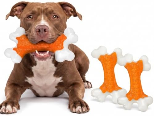 Kseroo 2-Pack Indestructible Dog Toys for Aggressive Chewers: Peanut Butter Flavored Hard Nylon Bone Chew Toys, Tough Dog Chew Toys, Dog Toys to Keep Them Busy for Medium Large Dogs, Orange