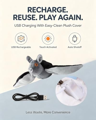 Flying Bat Dog Toy, Interactive Flying Bat Toy for Dogs with Flapping Wings, Chirping Sounds, USB Rechargeable, Touch Activated, Hanging or Floor Toy for Dogs, Puppies and Cats to Reduce Boredom，1PCS