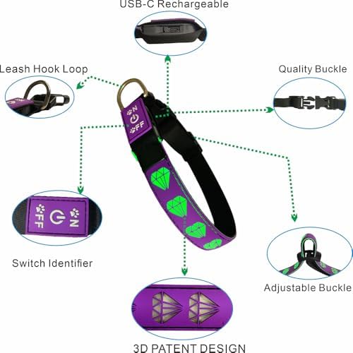 Subversive USB-C led Light up Airtag Dog Collar, Subversive 3D Sunflower Design Comfortable and Soft Material,Multicolored Lighting (D-Green, S(11.8-15.7"))