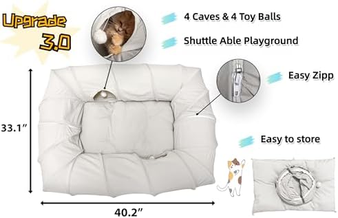 XxingSheep 4 Ways Shuttled XL Cat Tunnel Bed for Indoor Cats Peekaboo Cat Cave Donut with Cool Mat