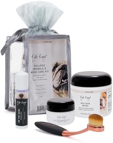 Eye Envy Bulldog Wrinkle Cleaner & Nose Care Kit. Bulldog Wrinkle Wipes, Tear Stain Powder, Applicator Brush & Dog Nose Balm. Cleans Skin Folds. Removes Stains. Helps Cracked Noses. Made in USA
