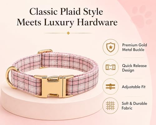 Soft Cotton Dog Collar Classic Plaid Pet Collars with Metal Clasp for Medium Dogs with Sensitive Skin, Blush Pastel Tartan