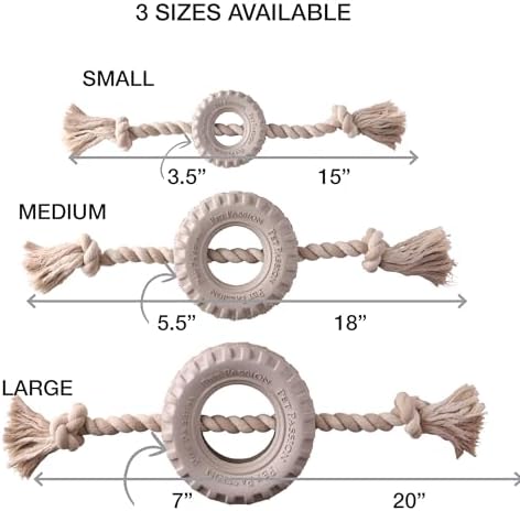 Pet Passion Natural Rubber Tire and Organic Cotton Rope Pull and Chew Dog Toy for All Pet Breeds, Almond Milk, Medium