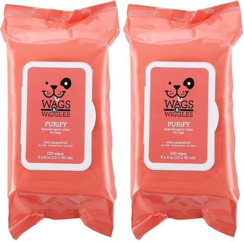 Wags & Wiggles Purify Hypoallergenic Dog Wipes for Sensitive Skin, Paw and Body Grooming Wipes with Gentle Plant Based Formula for Everyday Cleaning, Zesty Grapefruit Scent, 100 Count (Pack of 2)