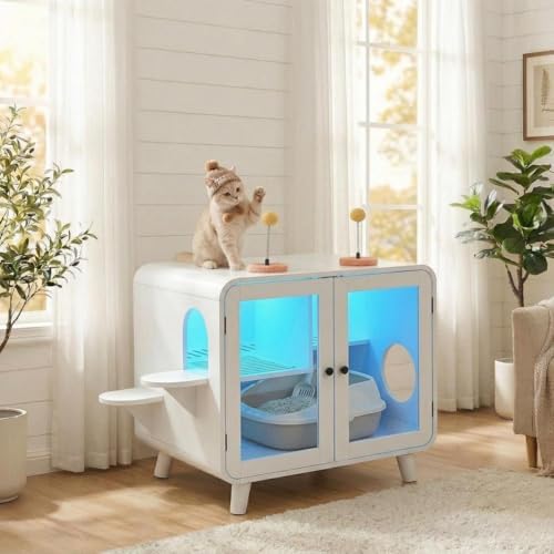 Smart Cat Litter Box Enclosure with RGB LED Light, TV-Stvle Cat Cabinet with Transparent Doors,Side Steps, Pom-Pom Toys,Indoor Pet House for Living Room,Bedroom(30.7"*23.6"*28",White)