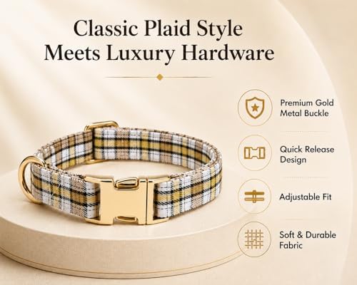 Soft Cotton Dog Collar Classic Plaid Pet Collars with Metal Clasp for Small Dogs with Sensitive Skin, Creamy Countryside