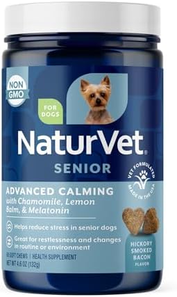 NaturVet Quiet Moments Calming Aid Dog Supplement, Helps Promote Relaxation, Reduce Stress, Storm Anxiety, Motion Sickness for Senior Dogs – 60-Ct. Soft Chews