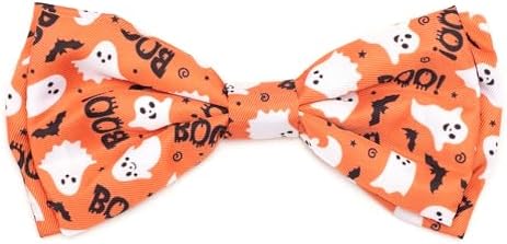 THE WORTHY DOG Pet Bow Tie for Dogs & Cats – Soft Printed Polyester Collar Bow Tie with Touch Fastener, Attaches to Any Collar - Spooky Pattern, Orange, Large