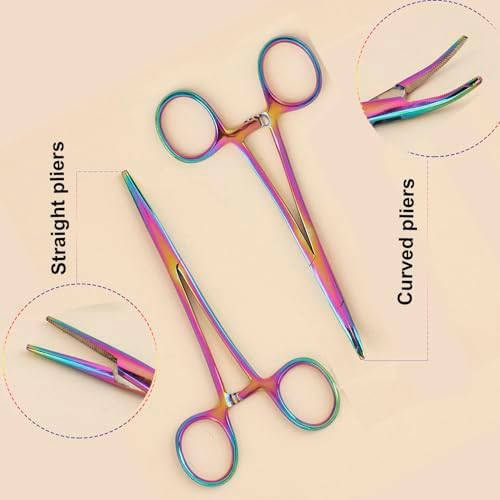 Pets ears/nose hair Puller Straight & Curved full serrated, stainless steel Home Hemostat Locking Forceps, Professional pet grooming tool for cats & dogs 2pcs set （Gradient color）