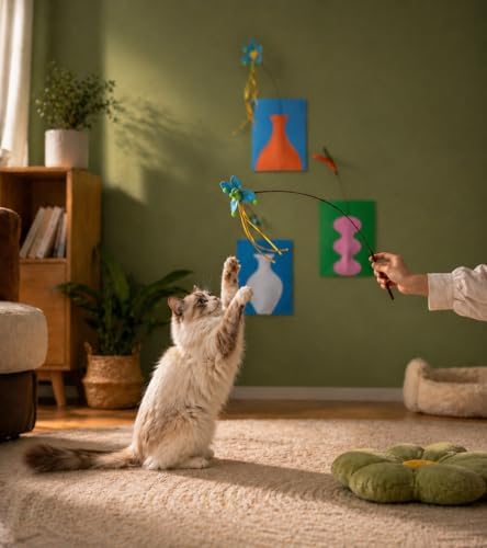 Artisan-Crafted BloomPlay Cat Wand Toy, Colorful Interactive Teaser with Storage, Durable & Bite-Resistant, Aesthetic Cat Toy for Indoor Cats