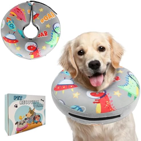 PAWCHIE Inflatable Dog Cone Collar Alternative, Soft Dog Cone for Medium to Large Dogs After Surgery, Adjustable Neck Recovery E-Collars Donut Collar with Cute Dinosaur Prints, Grey L