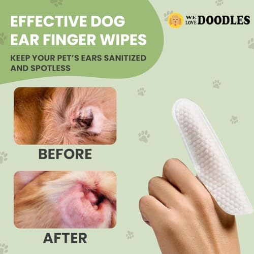 We Love Doodles Dog Ear Cleaner Finger Wipes & Dog Ear Swabs - Dog Ear Cleaner, Presoaked Dog Ear Wipes, Dog Ear Cleaning Solution,Double Sided Qtips for Dogs, Large Wooden Cleaner Balls Tool