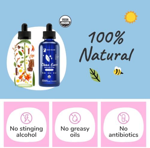 kin+kind USDA Organic Clean Ears, Dog Ear Cleaner, Leave in, No Rinse, 4 oz