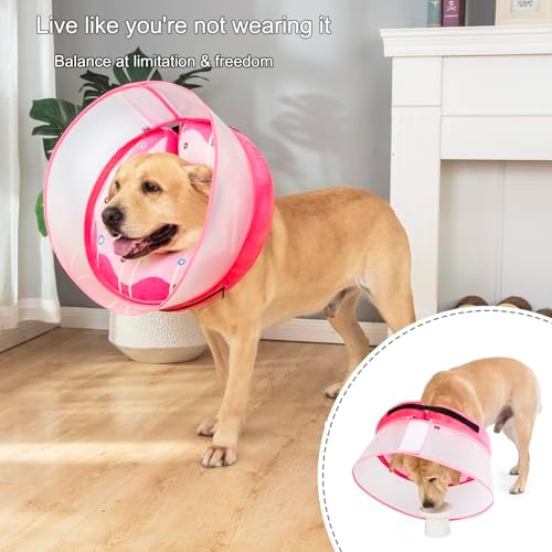 Inflatable Dog Cone Collar for Large Medium Small Dogs, Soft Dog Donut Collar Adjustable Recovery Cone for Pets After Surgery, Extra Enhanced Anti-Licking Guard Shield (Pink Donut, Large)