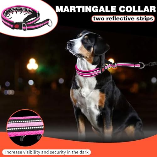 Martingale No Pull Dog Collar for Large Medium Small Dogs, Heavy Duty Nylon Adjustable Reflective Anti Pull Slip Collar with Buckle for Training Walking Hunting M Hot Pink