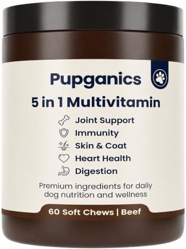 Pupganics Multivitamin Daily Soft Chews for Dogs, 5 in 1 multivitamin for Hip & Joint, Heart Health, Skin & Coat, Digestion & Immune Support, with Probiotics, Glucosamine, Vitamin A/D3/E (Beef)
