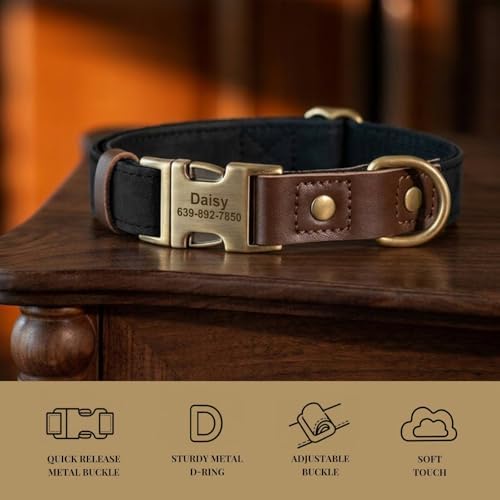 Personalized PU Leather Dog Collars,Quick Release Buckle,Black,M