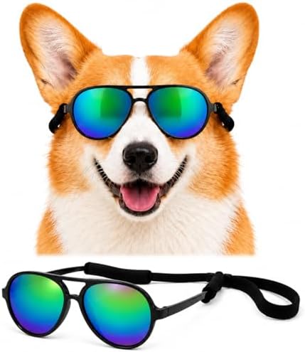 G010 Dog Pet Costume Prop Aviator Sunglasses Medium Breeds 20-40 lbs (Black-Rainbow Mirror)