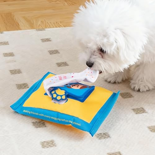Interactive Snuffle Tissue Box for Dogs , Dog Toy Sniffing Training for Dog with Crinkle Sound and Treat Pocket , Enhancing Cognitive Skill Wet Wipe Dog Snuffle Toy for Small Dog Mental Stimulation