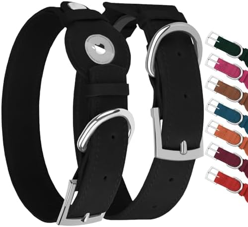Leather Dog Collar with Airtag Holder - Apple Air Tag Dog Collars - Soft Tracking GPS Pet Collar for Small Medium Large Dogs Breed Puppy (Black, XL, 19"-24" Neck Fit)