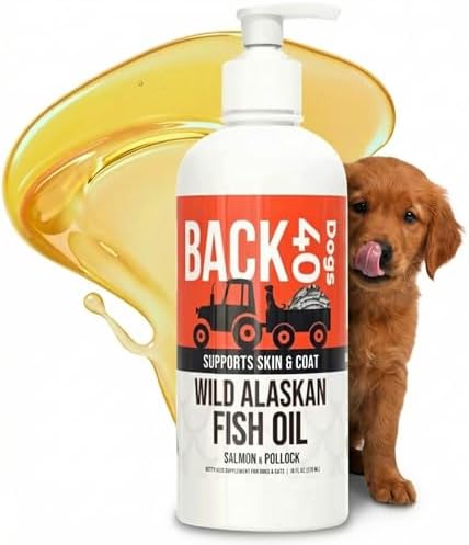 BACK 40 Dogs Wild Alaskan Fish Oil for Dogs, Skin and Coat Supplement for Dogs & Cats, Omega-3-Rich Salmon and Pollock Oil, EPA & DHA Dog Salmon Oil for Brain, Heart, and Joints 16 fl oz (473 ml)