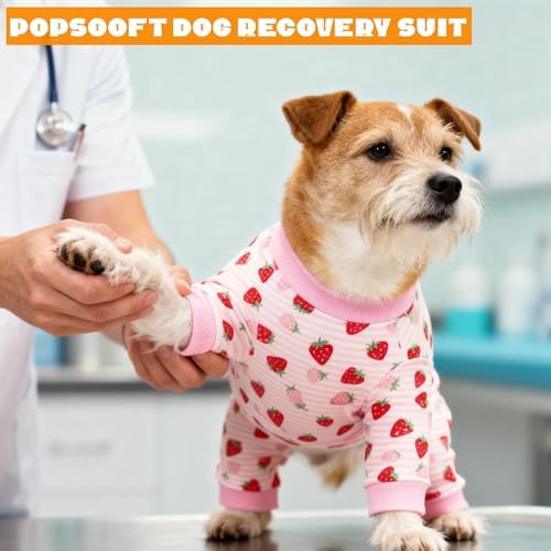 Recovery Suit for Dogs Full Zipper, Four-Legged Onesie Dog Recovery Suit After Surgery Cute Soft Bodysuit Cone Alternative Male Female Neuter Anti Licking Wounds (Pink Strawberry, Large)