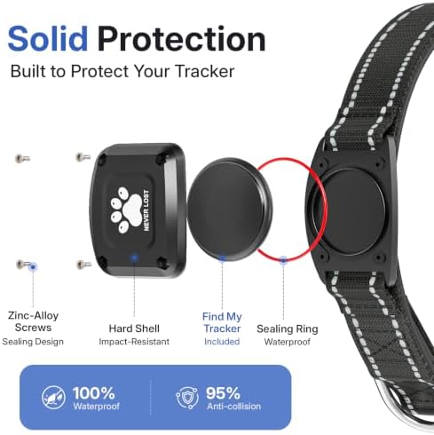 GPS Dog Collar with Tracker, Waterproof, No Monthly Fee, Black, M | Works with Apple Find My, iOS Only, MFi Certified, No SIM Card, for Medium Dogs, Reflective Padded Nylon, Neck 14.5-19.5 in