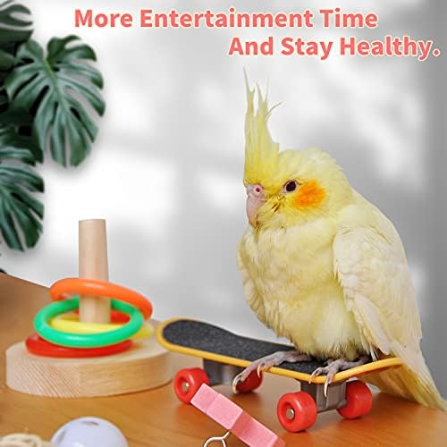 Bird Toys for Parakeets,5pcs Parrot Toys Set (Include Basketball Hop,Skateboard,Stacking,Parrot Wooden Block Puzzles,Small Sepak Takraw) Parakeet Toys for Bird Training Toys