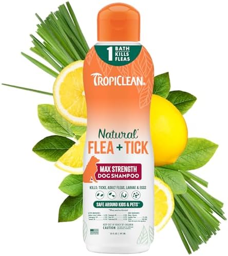 TropiClean Flea and Tick Shampoo for Dogs, Max Strength Formula, 20oz