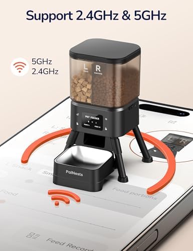 Dual Chamber Automatic Cat Feeder 4L, Dry/Treat Portion | Smart WiFi Pet Food Dispenser 4L with 2.4&5G WiFi App, Custom Schedule & Portion Control for Dry Food and Treats, Black
