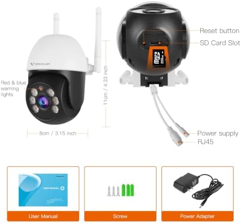 VSTARCAM 3MP Wired Security Camera Outdoor, 0.8 Inch 2.4G WiFi PTZ Dome Home Surveillance Camera with Motion Detection, 2-Way Audio, Color Night Vision, Weatherproof 01