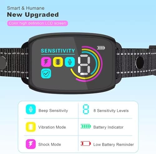 Smart Humane Dog Training Collar with LCD Display, White, 8 Sensitivity Levels, Beep Vibration Shock Modes, Battery Indicator