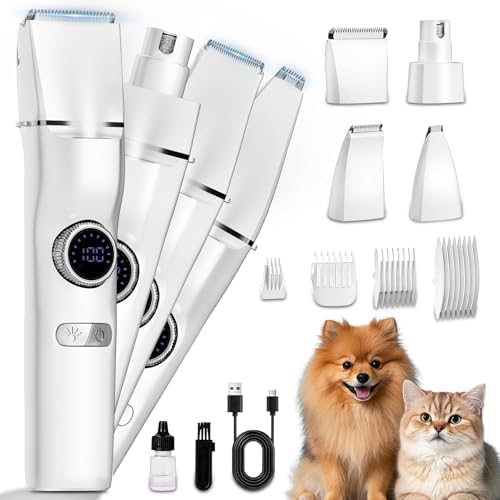 5-in-1 Dog Grooming Kit, Dog Paw Trimmer with LED Display and Light 11-Speed Rotary Knob Low Noise Stainless Steel Blade, Wireless Charging Pet Shaver Ideal Trimming Paw Eye Ear Facial Hair